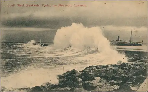 Postcard Colombo South West Breakwater During The Monsson 1911 