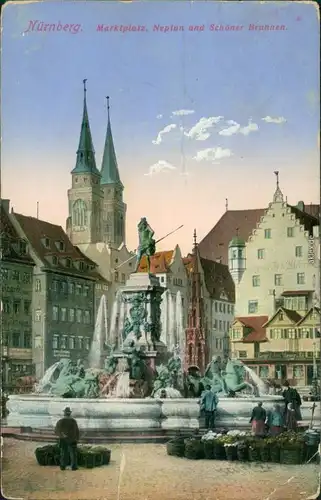 Ansichtskarte Nürnberg Marktplatz, Neptun und Schöner Brunnen 1913
