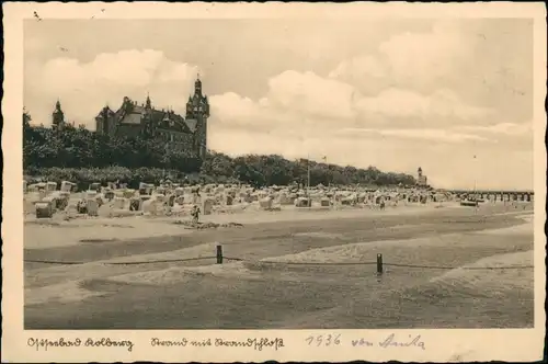 Postcard Kolberg Kołobrzeg Strand und Strandschloss 1936 