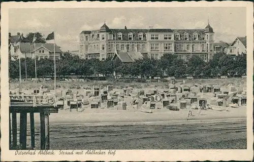 Ansichtskarte Ahlbeck (Usedom) Strand mit Ahlbecker Hof 1940