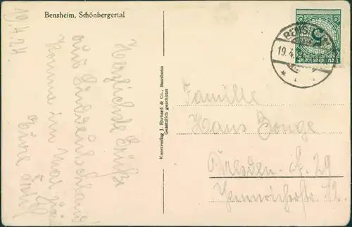 Ansichtskarte Bensheim Schönbergertal 1924