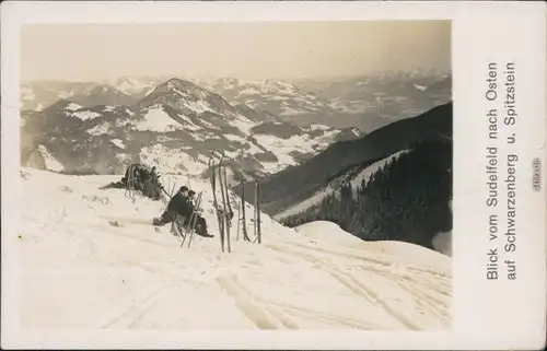 Ansichtskarte  Skifahrer auf Sudelfeld mit Schwarzenberg u. Spitzenstein 1928