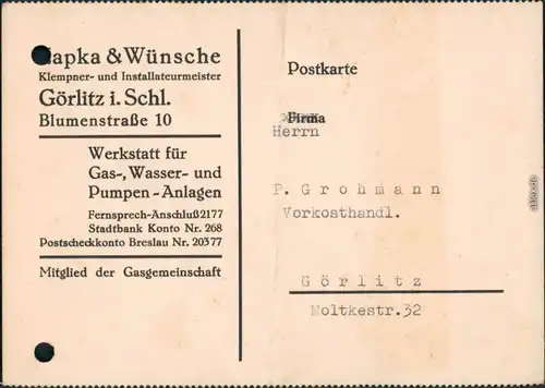 Görlitz Zgorzelec Zapka&Wünsche Klempnermeister Blumenstraße 10 Werbekarte 1938