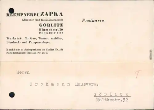 Görlitz Zgorzelec Klempnerei Zapka Blumenstraße 10 Rechnung 1939