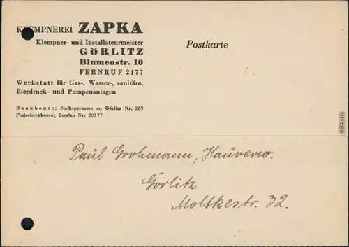 Görlitz Zgorzelec Klempnerei Zapka Blumenstraße 10 Rechnung 1942