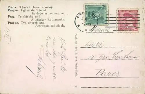 Postcard Prag Praha Teinkirche und Altstädter Rathaus 1938 