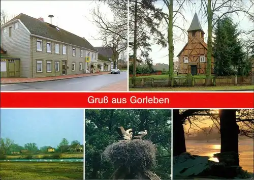 Ansichtskarte Gorleben Kirche, Teich, Storchennest 1995