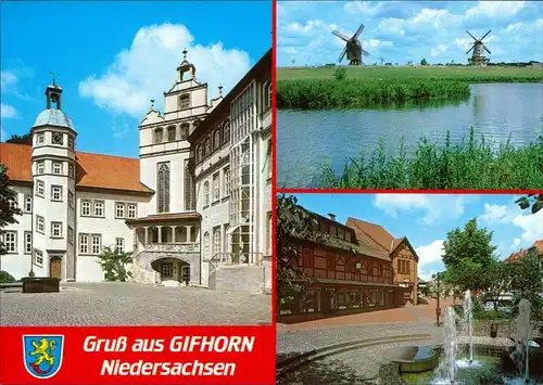 Ansichtskarte Gifhorn Schloss, Windmühlen, Brunnen 1995