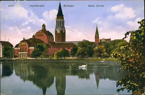 Ansichtskarte Kiel Stadttheater, Rathaus - Kirche 1915 