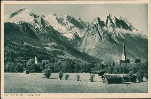 Ansichtskarte Garmisch-Partenkirchen Stadt und Zugspitze 1929 