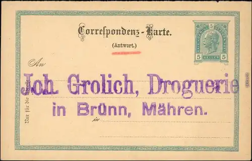 Ansichtskarte  Ganzsache, Joh. Grolich Droguerie in Brünn, Mähren 1930