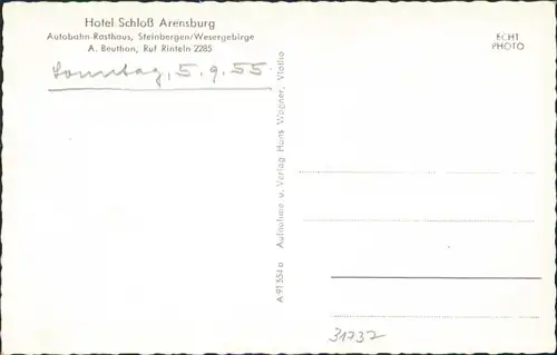 Ansichtskarte Steinbergen-Rinteln Hotel Schloss Arensburg 1955