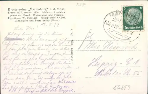 Ansichtskarte Zell/Mosel Klosterruine Marienburg 1938