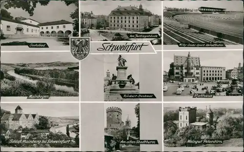 Ansichtskarte Schweinfurt Sachsbad, Kampfbahn, Weingut Peterstirn 1963