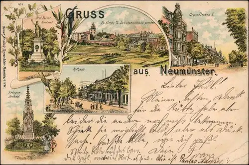 Ansichtskarte Neumünster Litho AK: Großflecken, Stadt, Denkmal 1899 