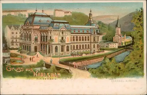 Postcard Karlsbad Karlovy Vary Kasierbad und ev. Kirche 1900 