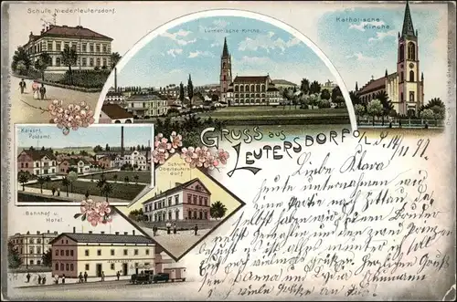 Leutersdorf Lausitz Litho AK: Schule, Bahnhof, Post b Görlitz Oderwitz 1897