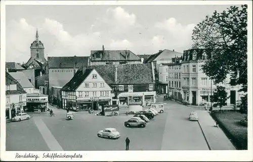 Ansichtskarte Rendsburg Autos auf dem Schiffsbrückenplatz 1954 