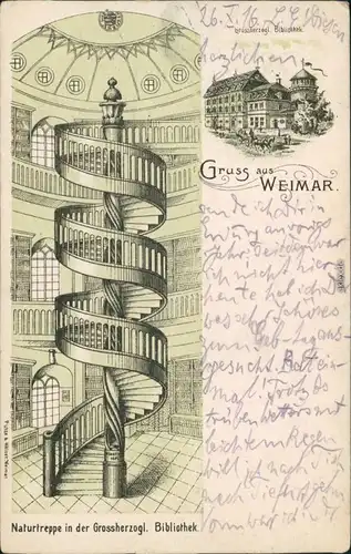 Ansichtskarte Weimar 2 Bild Litho: Bibliothek und Naturtreppe 1901 