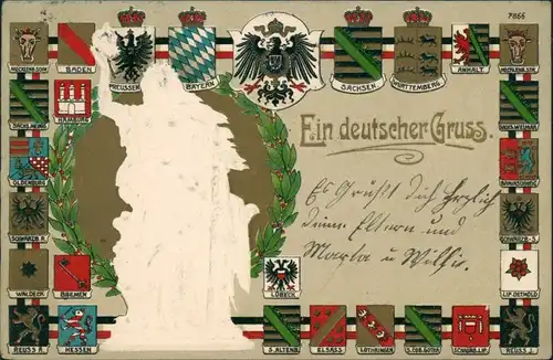  Präge Gold AK: Deutscher Gruss Bundesländer Germania 1914 Goldrand