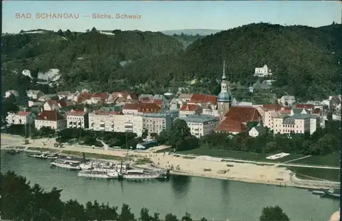 Ansichtskarte Bad Schandau Blick auf den Ort mit Dampfer 1913