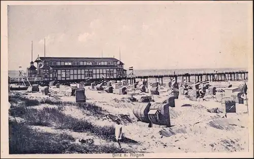 Binz (Rügen) Strand mit Strandkörben Landungsbrücke Brückenkopf Restaurant 1914