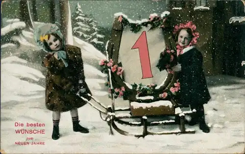 Ansichtskarte  Glückwunsch Neujahr/Sylvester 2 Mädchen mit Schlitten 1910