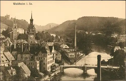 Ansichtskarte Waldheim (Sachsen) Kirche, Rathaus, Brücke 1914