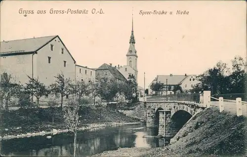 Ansichtskarte Großpostwitz Budestecy Spree-Brücke u. Kirche 1938