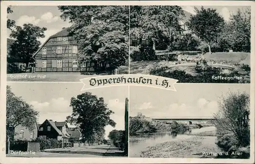 Oppershausen-Wienhausen Gasthof zur Post, Kaffeegarten, Dorfpartie,  Aller 1949
