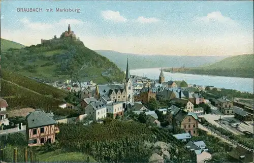 Ansichtskarte Braubach Blick auf den Ort mit Marksburg 1906