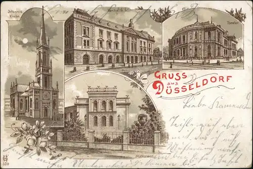 Ansichtskarte Düsseldorf Litho: Kirche, Tonhalle, Theater, Malkasten 1900 