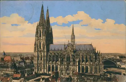 Ansichtskarte Köln Dom, Stadt, Bahnhof - Künstlerkarte 1919 