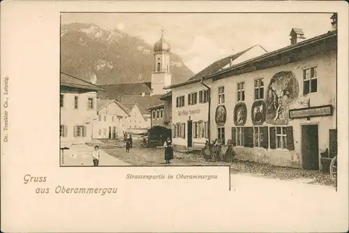 Ansichtskarte Oberammergau bemalte Häuser - Strassenpartie 1908 