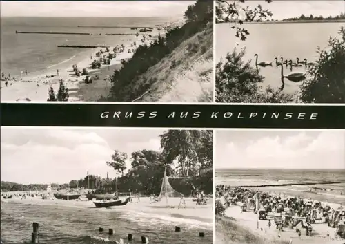 Ansichtskarte Kölpinsee (Usedom)-Loddin Strand, Boote, Schwäne 1974