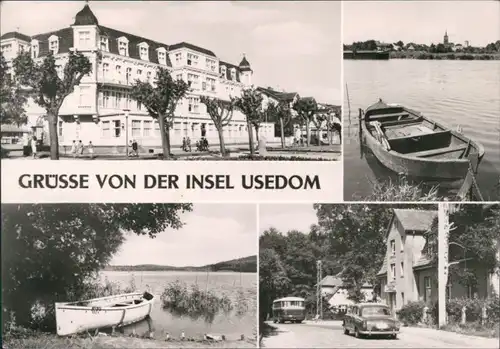 Ansichtskarte Usedom Hotel, Ruderboote am Ufer, Straße mit Autobus g1974