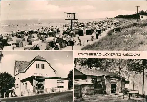 Ansichtskarte Ückeritz (Usedom) Strand, Ratscafé, Fischerhütte g1978