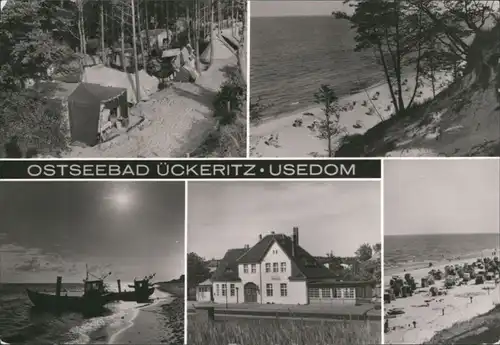Ückeritz (Usedom) MB: Zeltplatz, Küste und Bahnhof Foto Ansichtskarte 1985