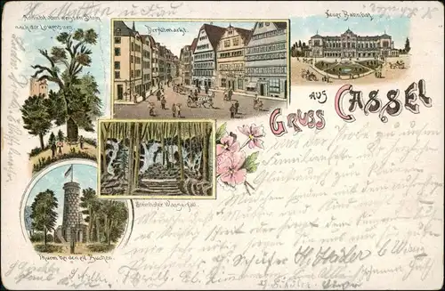 Kassel Cassel Litho: Der Altmarkt, Neuer Bahnhof, Turm b. Buchen 1906 Litho