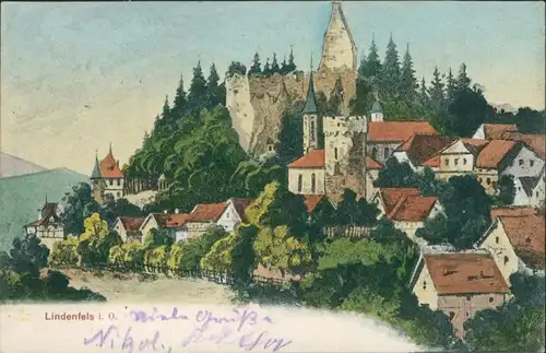 Lindenfels (Bergstraße) colorierte Künstlerkarte: Stadtpartie 1908 