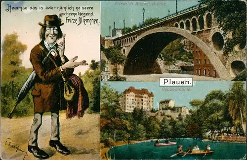 Ansichtskarte Plauen (Vogtland) 3 Bild: Poppenmühle, Bliemchen, Brücke 1913 