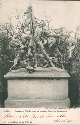 Ansichtskarte Tiergarten-Berlin Denkmal Fuchsjagd - am grossen Stern 1904 