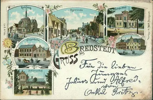 Bredstedt Litho AK: Bahnhof, Friesenhalle, Schützenhof 1898 Litho