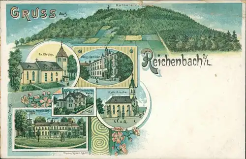 Reichenbach (Oberlausitz) Litho AK: Gasthaus, Kirche, Mengelsdorf 1898 Litho