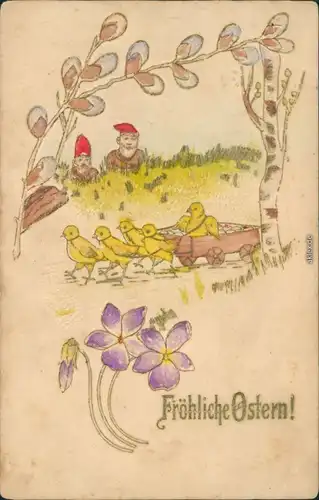 Zwerge beobachten Küken die einen Eierkarren ziehen, Weidenkätzchen 1906