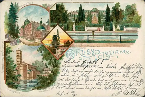 Potsdam 3 Bild: Litho: Friedenskirche, Sanssouci, Palais 1900 Litho