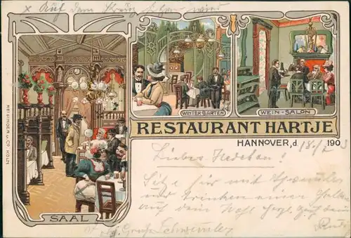 Ansichtskarte Hannover Litho AK: Restaurant Hartje - Innen 1903 Litho