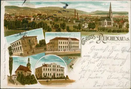Reichenau in Sachsen Bogatynia Litho AK: Stadt, Kirche, Amtsgericht 1898 Litho