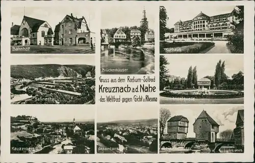 Ansichtskarte Bad Kreuznach Bahnhof, Brückenhäuser, Kurhaus 1932