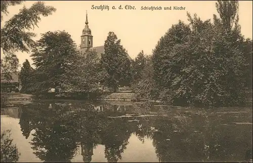 Ansichtskarte Seußlitz-Nünchritz (Elbe) Schloßteich und Kirche 1914 